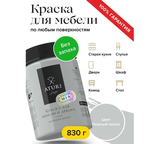 Краска для мебели и декора ATURI Design Меловой бархат mia нежный пепел, 0.83 кг T1-00012309