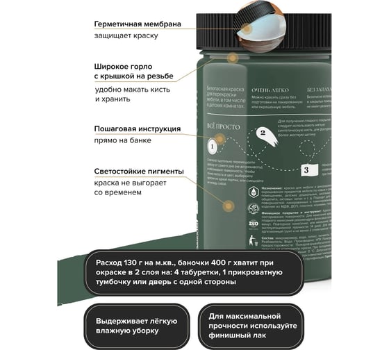 Краска для мебели и декора ATURI Design Меловой бархат mia британский зеленый, 0.4 кг T1-00010843