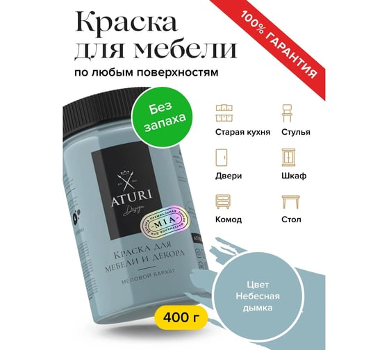 Краска для мебели и декора ATURI Design Меловой бархат mia небесная дымка, 0.4 кг T1-00010819