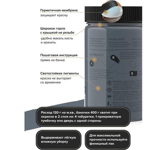 Краска для мебели и декора ATURI Design Меловой бархат mia стальной взгляд, 0.4 кг T1-00010823
