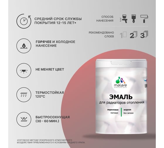 Эмаль для радиаторов и батарей отопления MALARE быстросохнущая, матовая, лиственный зеленый, 1 кг 2036755101318