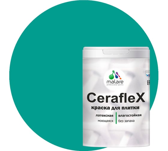 Латексная краска MALARE Ceraflex для кафельной и керамической плитки, персидский зеленый, 1 кг 2036773402893 1