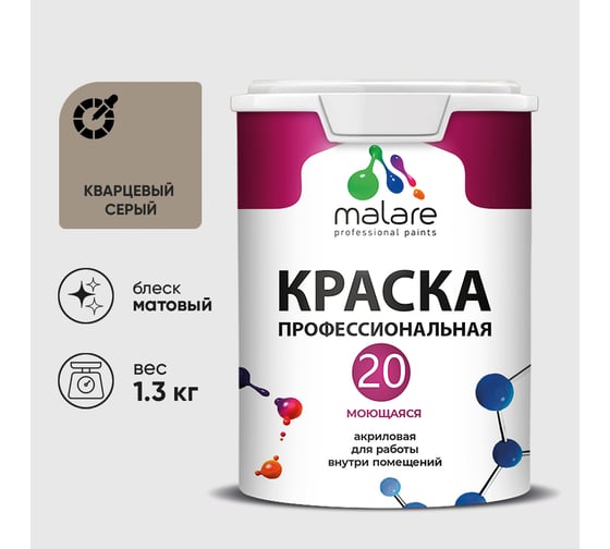 Краска MALARE Евро 20 для стен, потолков и обоев, кварцевый серый, 1,3 кг КЕВРО20КВСМ0130