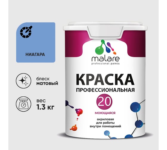 Краска MALARE Евро 20 для стен, потолков и обоев, ниагара, 1,3 кг КЕВРО20НИАМ0130