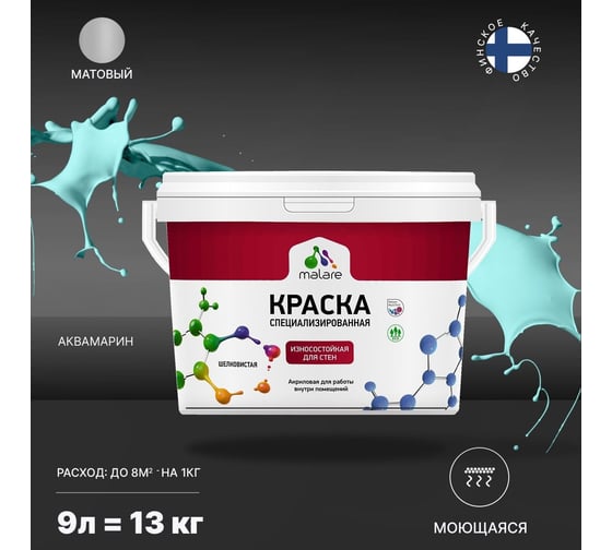 Краска для стен и обоев MALARE Professional износостойкая, моющаяся, матовая, аквамарин, 9 л 2036766658887