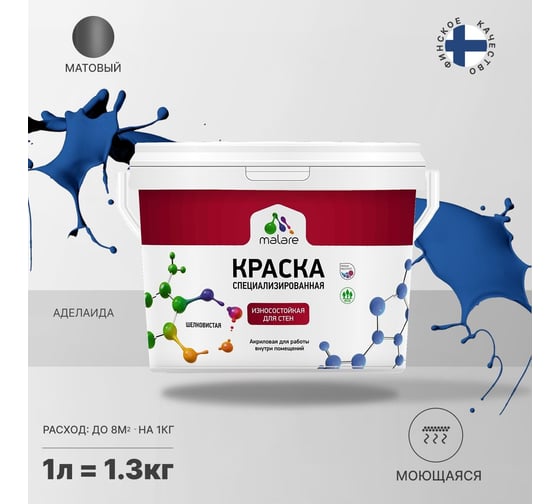 Краска для стен и обоев MALARE Professional износостойкая, моющаяся, матовая, аделаида, 1 л 2036766658726