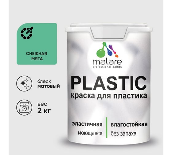 Краска акриловая для пластика MALARE Plastic, для ПВХ, для подоконников и откосов, без запаха, матовая, снежная мята, 2 кг 2036764726014