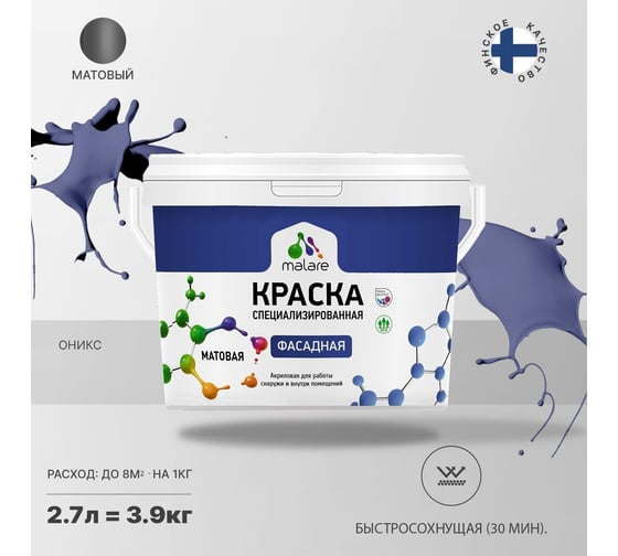 Фасадная краска MALARE Professional цвет оникс, 2.7 л 2036756199093