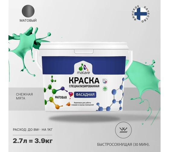 Фасадная краска MALARE Professional цвет снежная мята, 2.7 л 2036773874317