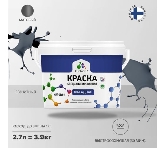 Фасадная краска MALARE Professional цвет гранитный, 2.7 л 2036747445642