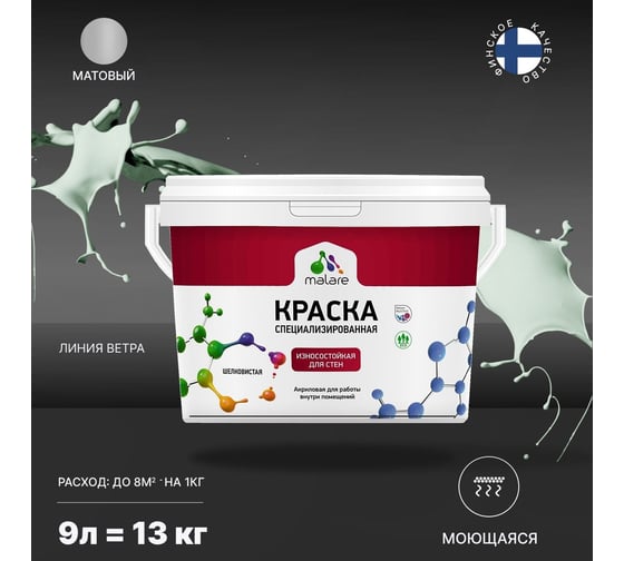 Износостойкая моющаяся краска MALARE Professional для стен и обоев, матовая, линия ветра, 9л 2036753814241