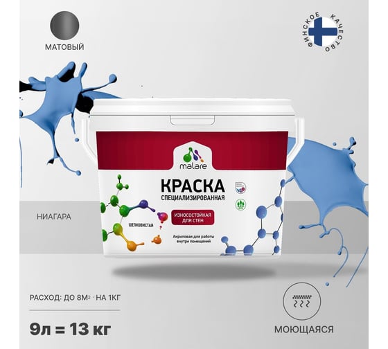 Износостойкая моющаяся краска MALARE Professional для стен и обоев, матовая, ниагара, 9л 2036753814333