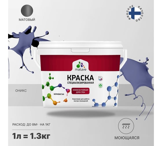 Износостойкая моющаяся краска MALARE Professional для стен и обоев, матовая, оникс, 1л 2036752272905