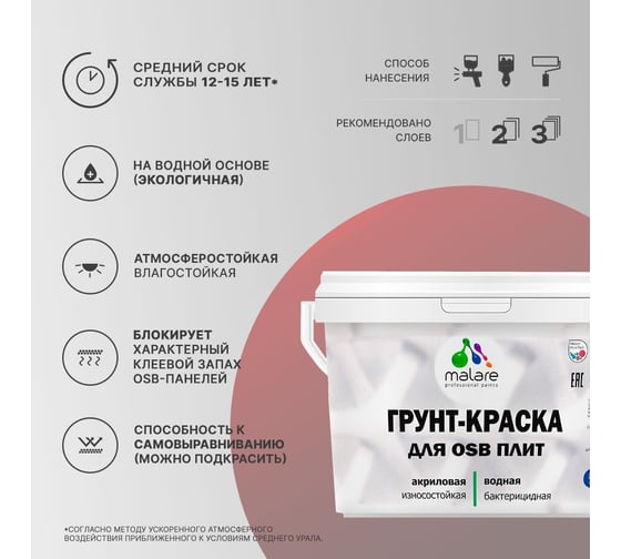 Краска для OSB плит MALARE с антисептическим эффектом, матовая, сочный цитрус, 10 кг 2036752118876