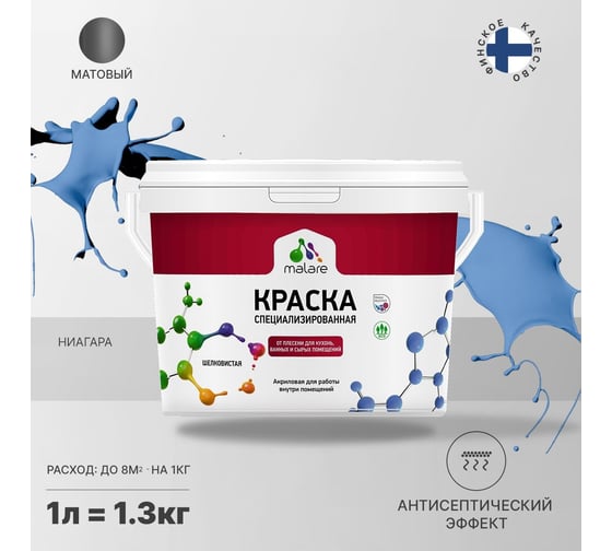 Краска от плесени и грибка MALARE быстросохнущая, матовая, ниагара, 1 л 2036751505080