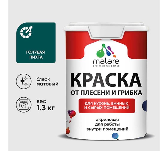 Краска MALARE от плесени и грибка, голубая пихта, 1.3 кг КБСПТГОПМ0130