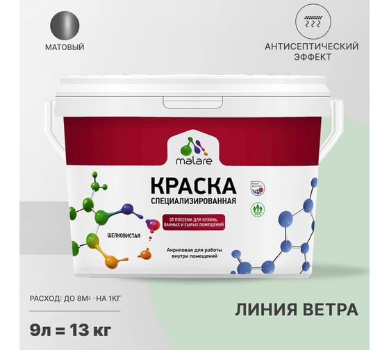 Краска от плесени и грибка MALARE быстросохнущая, матовая, линия ветра, 9 л 2036773871880