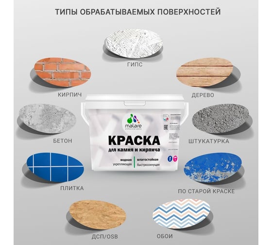 Краска MALARE для камня, кирпича, УФ-стойкая, быстросохнущая, матовая, византия, 9 л - 13 кг 2036754728707