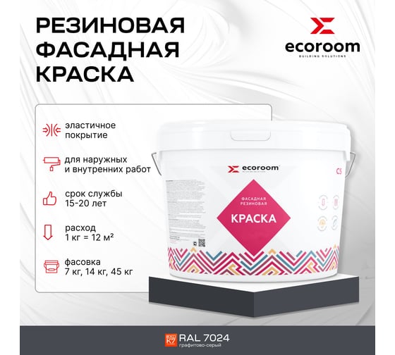 Фасадная резиновая краска ECOROOM RAL 7024 графитовый серый, 1.3 кг Е-Кр -3583/7024