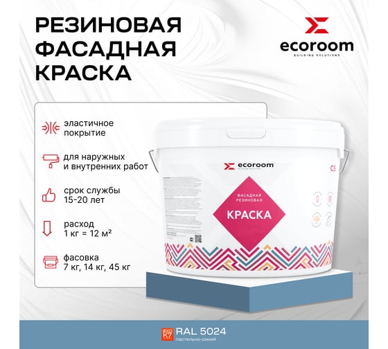 Фасадная резиновая краска ECOROOM RAL 5024 пастельно-синий, 7 кг Е-Кр-3383/5024