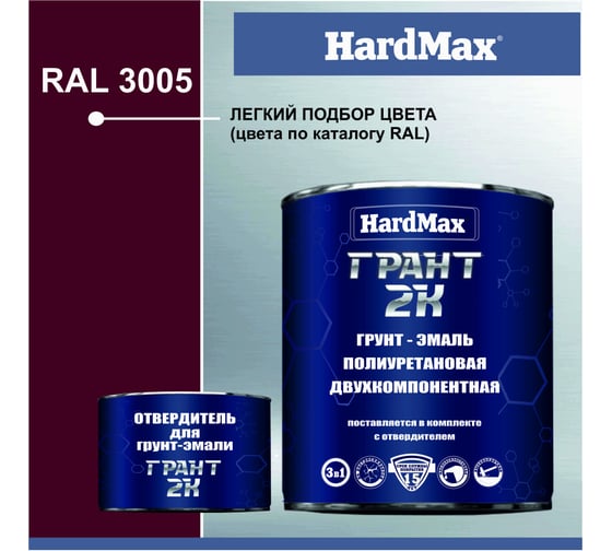 Грунт-эмаль HardMax ГРАНТ 2К RAL 3005 красное вино, комплект 2.19 кг 4690417100439