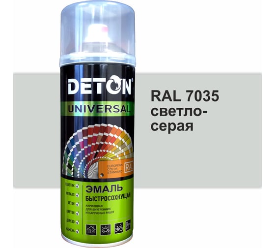 Эмаль DETON акриловая, быстросохнущая, светло-серый, RAL 7035, аэрозоль 520 мл DTN-A07414
