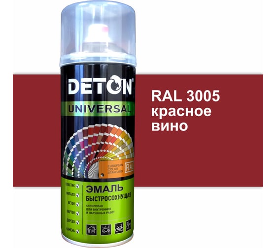 Эмаль DETON акриловая, быстросохнущая, красное вино, RAL 3005, аэрозоль 520 мл DTN-A07246
