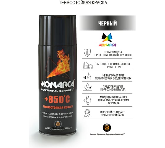 Краска аэрозольная термостойкая MONARCA +850 (520 мл, 270 г., черный) 21400