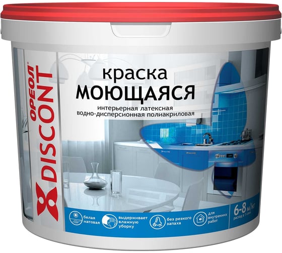Краска для стен и потолков ОРЕОЛ Дисконт ВД, моющаяся, 6.5 кг 5422 1