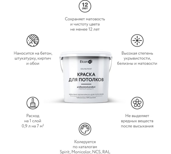 Интерьерная белоснежно-белая краска для потолков Elcon 0,9 л 00-00462777