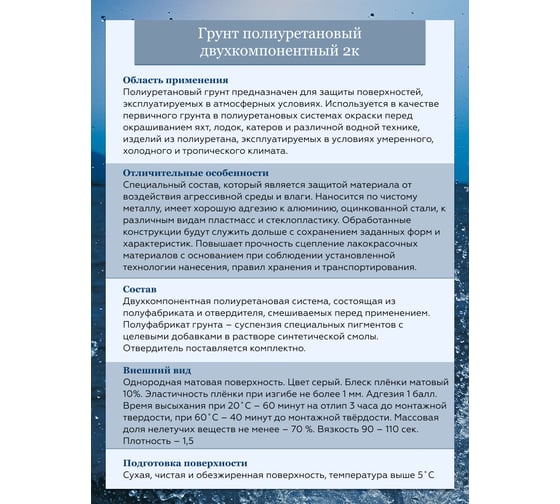 Грунт полиуретановый двухкомпонентный 2К POLIMER MARINE серый 1 кг 1ГПср