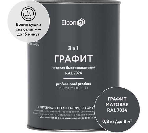 Быстросохнущая грунт-эмаль по ржавчине, металлу 3 в 1 Elcon графит, 0.8 кг 00-00463005