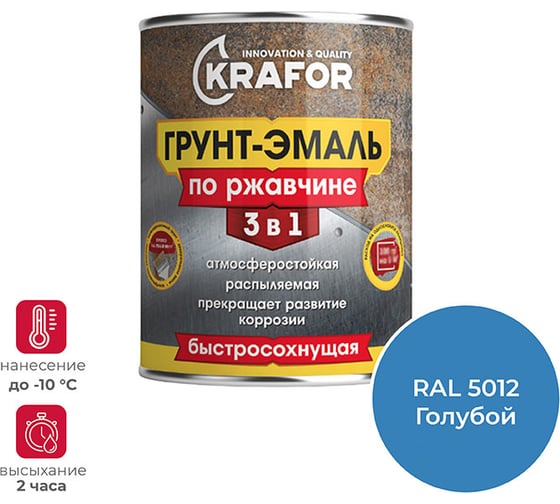 Грунт-эмаль по ржавчине 3 в 1 KRAFOR быстросохнущая, полуглянцевая, 1.9 кг, ral 5012, голубая 250201