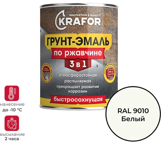 Грунт-эмаль по ржавчине 3 в 1 KRAFOR быстросохнущая, полуглянцевая, 1.9 кг, ral 9010, белая 250197