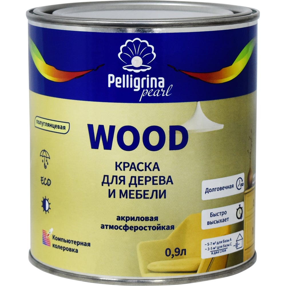 Краска для дерева и мебели Pelligrina Pearl Wood, акриловая, база С, бесцветная, 0,9 л