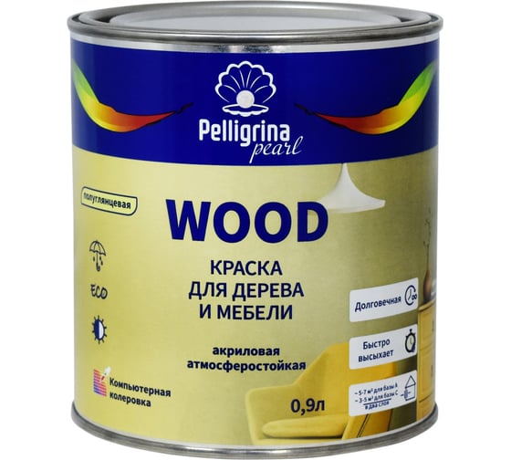 Краска для дерева и мебели PELLIGRINA PAINT wood, акриловая, база С, бесцветная, 0.9 л 256906 1