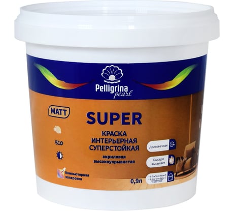 Интерьерная краска PELLIGRINA PAINT super, акриловая, матовая, база С, бесцветная, 0.9 л 256887