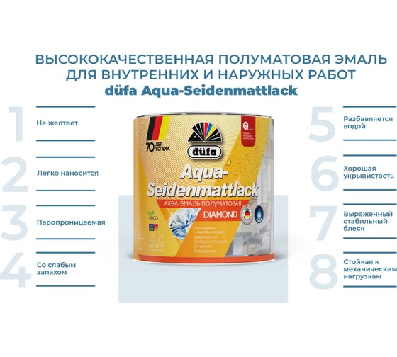 Эмаль Dufa AQUA-SEIDENMATTLACK белая 2 л МП00-010175