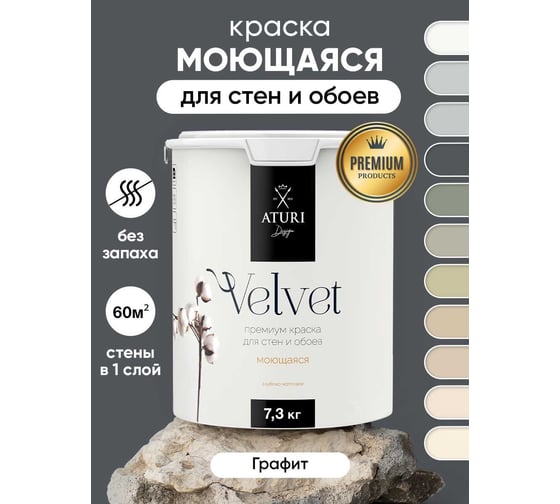 Краска для стен и обоев ATURI Design Velvet графит, 7 кг T4-000120088