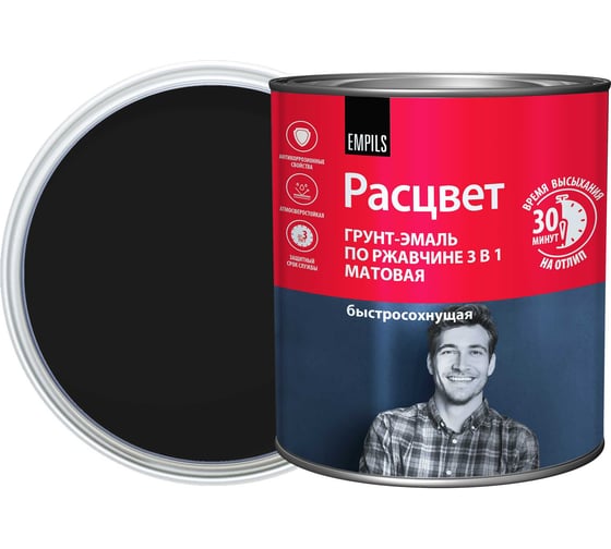 Грунт-эмаль Расцвет быстросохнущая, матовая, черная, 2.7 к 82709