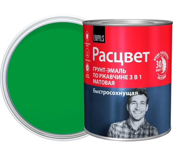 Грунт-эмаль Расцвет быстросохнущая, матовая, зеленая, 0.9 кг 82700