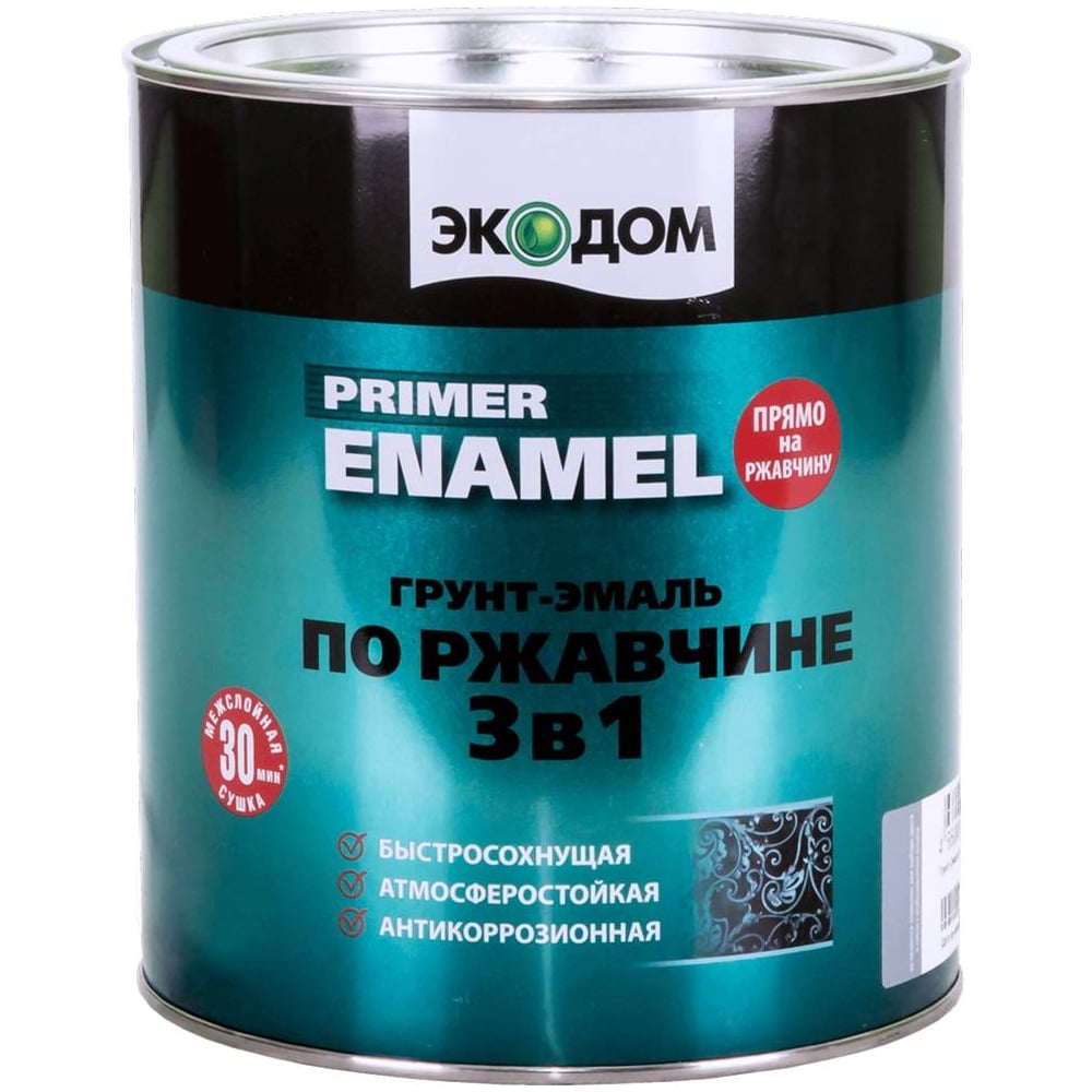 Грунт-эмаль по ржавчине 3 в 1 ЭКОДОМ полуматовая, 2.2 кг, серая 236353 ...