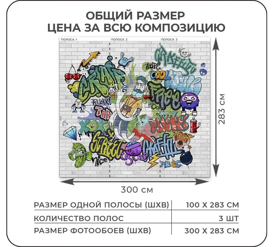 Флизелиновые фотообои Verol встык, граффити, 8.49 кв. м, 300x283 см, моющиеся, на стену, комнаты подростка 75-ФФО-05588