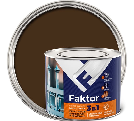 Грунт-эмаль ЯРОСЛАВСКИЕ КРАСКИ FAKTOR на ржавчину 3 в 1, коричневая, банка 1.9 кг 215152