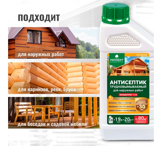 Антисептик PROSEPT EXTERIOR для наружных работ концентрат 1:19, 1 л 002-1