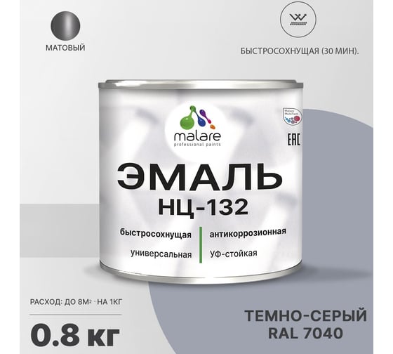 Эмаль MALARE НЦ-132 для металла, по дереву, для минеральных поверхностей, RAL 7040, темно-серый, матовая, 0.8 кг 2038094832151