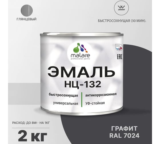 Эмаль MALARE НЦ-132 для металла, по дереву, для минеральных поверхностей, RAL 7024, графитово-серый (темный), глянцевая, 2 кг 2038070757188