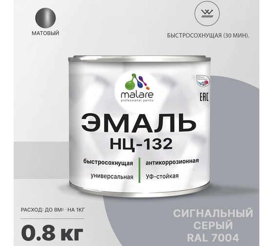Эмаль MALARE НЦ-132 для металла, по дереву, для минеральных поверхностей, RAL 7004, сигнальный серый, матовая, 0.8 кг 2038070756310