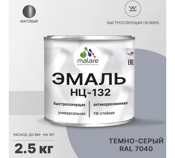 Эмаль MALARE НЦ-132 для металла, по дереву, для минеральных поверхностей, RAL 7040, темно-серый, матовая, 2.5 кг 2038094832274
