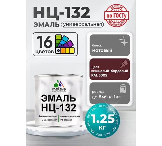 Эмаль НЦ-132 MALARE, для металла, по дереву, для минеральных поверхностей, RAL 3005, вишнево-бордовый, матовая, 1,25 кг ЭНЦ1323005М0125